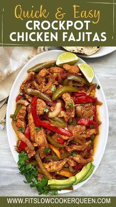 a white plate topped with chicken fajitas next to a bowl of salsa and cilantro