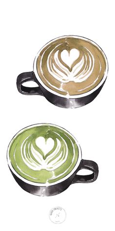 two coffee cups with hearts painted on the top one is green and the other is brown