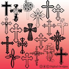 cross tattoo designs on a pink background with black and white crosses in different colors, sizes and