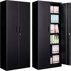 two tall black storage cabinets with files and folders in each compartment on the left side