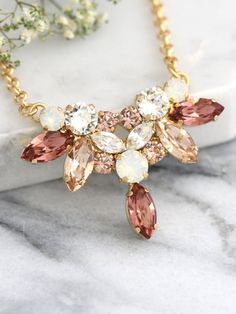 Bridal Blush Necklace Bridal Swarovski Crystal Necklace by iloniti Blush Necklace, Gold Bridal Necklace, Light Silk, Bridal Fashion Jewelry, Rose Gold Bridal, Necklace Bridal, Swarovski Crystal Necklace, Matching Jewelry, Necklace White