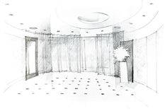 a drawing of an empty room with two doors and a vase on the floor in front of it