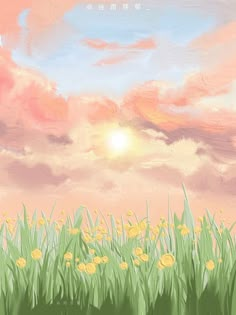 a painting of grass and flowers with the sun in the background