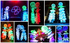 various images of different colored lights in the shape of people