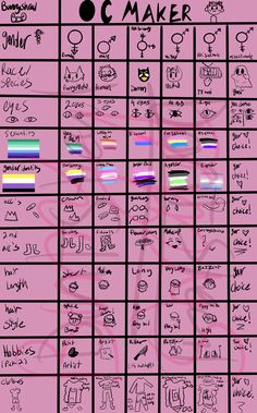 a pink poster with many different types of writing on it's sides and the words written