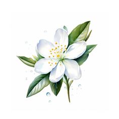 a white flower with green leaves and water droplets