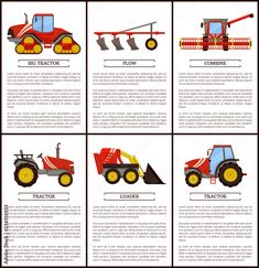 four different types of tractors with text on the front and back, all in red