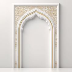 an arch in the wall is decorated with gold and white flowers