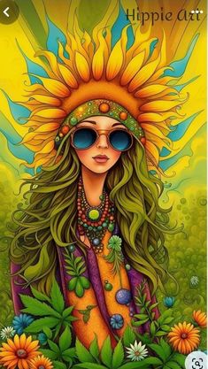 a painting of a woman with sunflowers on her head and sunglasses over her face