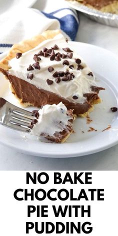 no bake chocolate pie with pudding in the middle and text overlay that reads, no bake chocolate pie with pudding in the middle