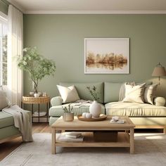 a living room with green walls and furniture