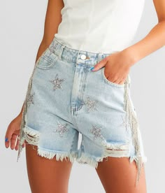 Blue B Ultra High Rise Rhinestone Fringe Short - Blue X-Large/Shortie 1-3, Women's Lightacidwash Ultra high rise Slim through the hip and thigh 3 shortie short Star print and frayed hem details. This quality denim is hand-finished for a unique look. It will wear like your favorite jeans, with each hole and tear continuing to destruct over time. You will love the comfort of this denim that has the look and feel of years of wear. . 85% Cotton 15% Polyester. Hand wash cold water separately. Do not Denim And Diamonds Bachelorette Outfit, Bling Western Outfit, Diy Rhinestone Shorts, Sparkle Cowgirl Outfit, Sparkly Western Outfit, Diamonds And Denim Party Outfits, Denim And Rhinestone Outfit, Space Cowboy Party Outfit, Sparkly Cowgirl Outfit