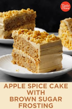 an advertisement for apple spice cake with brown sugar frosting on two small white plates