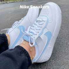 Sneakers, white and baby blue, aesthetic, clean girl, it girl, beautiful shoes Nice Womens Shoes, White And Blue Nike Shoes, Blue Airforce 1, Nike Shoes Women Trendy, Baby Blue Outfits For Women, Cute Shoes For Teen Girls, Trendy Shoes Sneakers For Women, Nike Blue Shoes, Nike Sneakers Women Outfit