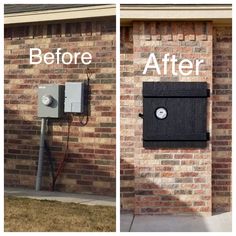 before and after photos of a brick wall with an electrical box attached to the side