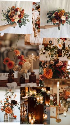 a collage of photos with flowers and candles