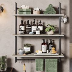 a bathroom shelf filled with personal care items