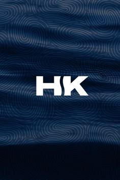 the h & k logo is shown in white on a dark blue background with wavy waves