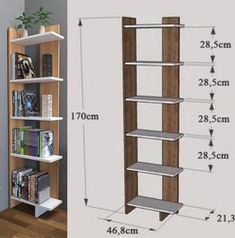 an image of a book shelf with books on it and the measurements for each shelf