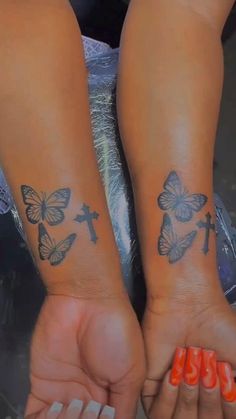 Girly Hand Tattoos, Butterfly Tats, Cute Matching Tattoos, Girl Neck Tattoos, Couple Matching Tattoo, Tattoos Butterfly, Matching Sister Tattoos, Cross Tattoos For Women, Hand Tattoos For Girls