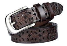 PRICES MAY VARY. Women leather belt made of cowhide leather that touch so soft and durable.The metal buckle is polish surface without blemishes that always keep shiny. Womens Black Leather Belt Size: The unisex leather belt waist 27”-38‘’，length of the entire belt is 115cm/45.2inch, and there are 9 holes in total to adjust your suitable waistline This leather belt use hollow flower design style, the details of the deal are reflected in fashion and quality of the perfect combination,the flower cu Leather Belts For Women, Strap Jeans, Estilo Country, Cow Skin, Designer Belt, Leather Jeans, Belt Design, Faux Leather Belts, Brown Belt