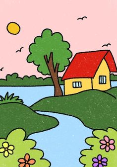 a drawing of a house on a hill next to a river with flowers in the foreground