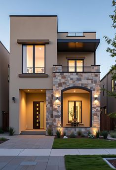 a modern home with stone and stucco exterior