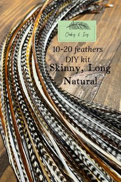 -10 or 20 Real feathers for feather hair extensions plus crimp beads (10 or 20 accordingly), threading tool and instructions. -This package will come with a mix of long, skinny feathers, 8-11 inches, in a mix of natural colors (grizzly, browns, grey, white/cream, black). This package will include only skinny feathers, see my shop for packages with thicker and fluffier feathers for styling options. Each package will include at least 1 of the popular skinny grizzly (black and white striped) feather. *Leave notes at checkout if you have any preferences and we will do our best to accommodate but, feathers will be packaged in stylistically curated bundles you can choose to use or mix and match to meet your styling desires.  -Feathers are durable and can be treated and styled  like your normal h Hair Feathers Extensions, Hair Feathers, Feather Extensions, Feather Diy, Feather Hair Extensions, Argan Oil Hair, Feather Hair, Crimp Beads, Normal Hair