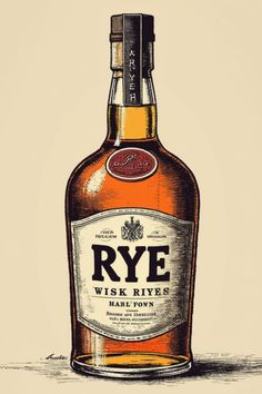 a bottle of rye whiskey sitting on top of a table