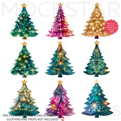 christmas trees with lights and stars are shown in different colors, shapes and sizes on white background