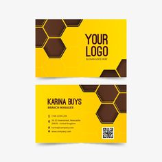 two yellow business cards with brown honeycombs on the front and back, one is for