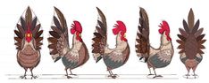 three roosters with different colored feathers standing next to each other