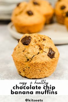 chocolate chip banana muffins with text overlay