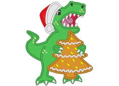 a dinosaur with a christmas tree in its mouth