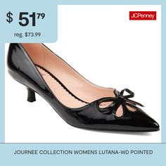 Elevate your style with the Lutana kitten heel in wide-width from Journee Collection, featuring a sophisticated pointed-toe silhouette and chic cutout details adorned with a charming bow accent. The slip-on design ensures easy wear, while the padded footbed enhances comfort for all-day wear. With a stylish kitten heel and crafted from faux leather, the Lutana is a fashionable and comfortable choice for those with wider feet.Features: LightweightClosure Type: Slip-OnShoe Heel Height: 1 1/2 Inche… Medium Width Kitten Heels For Evening, Office Kitten Heels Medium Width, Black 4-inch Heel Kitten Heels, Black Kitten Heels, Black Pumps Heels, Kitten Heel Pumps, Journee Collection, Easy Wear, Pump Shoes