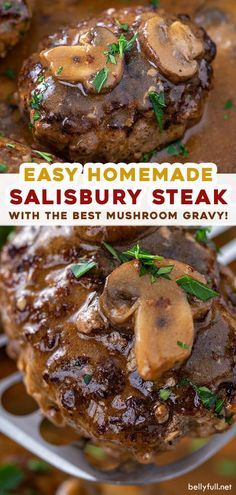 steak with mushrooms and gravy on top