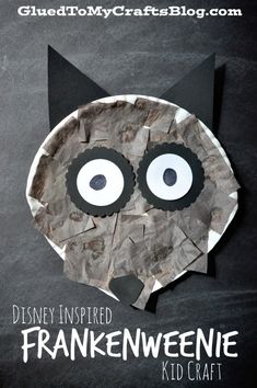 a paper plate with a cat's face on it and the words disney inspired frankenweenie kid craft