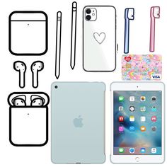 an image of apple products and accessories for the new ipad air, including case, screen protectors, headphones, earbuds, usb cable, and more