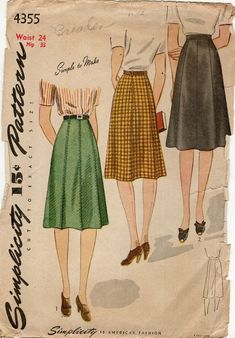 Simplicity 4355 Skirt w Stitched Seams & Crease Effect or Gored Sz 24" Waist CUT 1940s Skirt Pattern, 1940s Skirt, Fashion 40s, Gored Skirt, Clothing Diy, Vintage Wardrobe, 40s Fashion, Circle Skirt, Skirt Pattern