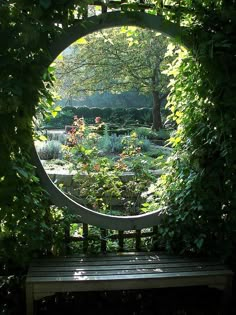 a bench sitting in the middle of a lush green park