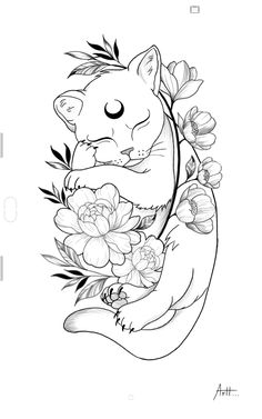 a black and white drawing of a cat holding flowers