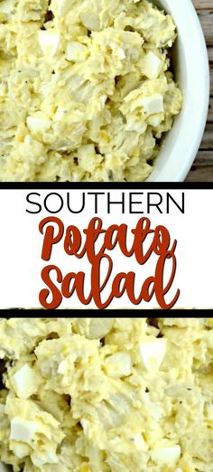 southern potato salad in a white bowl with the words southern potato salad on top and bottom