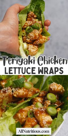 lettuce wraps with teriyaki chicken and sesame seeds on top, served in a white bowl