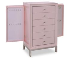 two pink dressers with doors open on each side