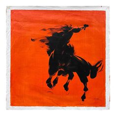 an orange and black painting of a horse with long hair on it's back