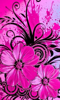 pink flowers with black swirls on a blue and pink background