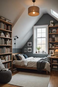 an attic bedroom with bookshelves and a bed