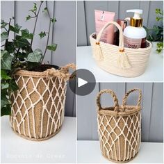 three pictures showing different baskets with plants in them and the same basket holding various items