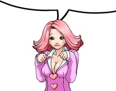 a cartoon girl with pink hair holding a heart in front of her chest and an empty speech bubble above her head