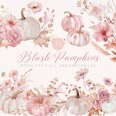 the watercolor pumpkins and flowers are all painted in pastel pink, white and gold